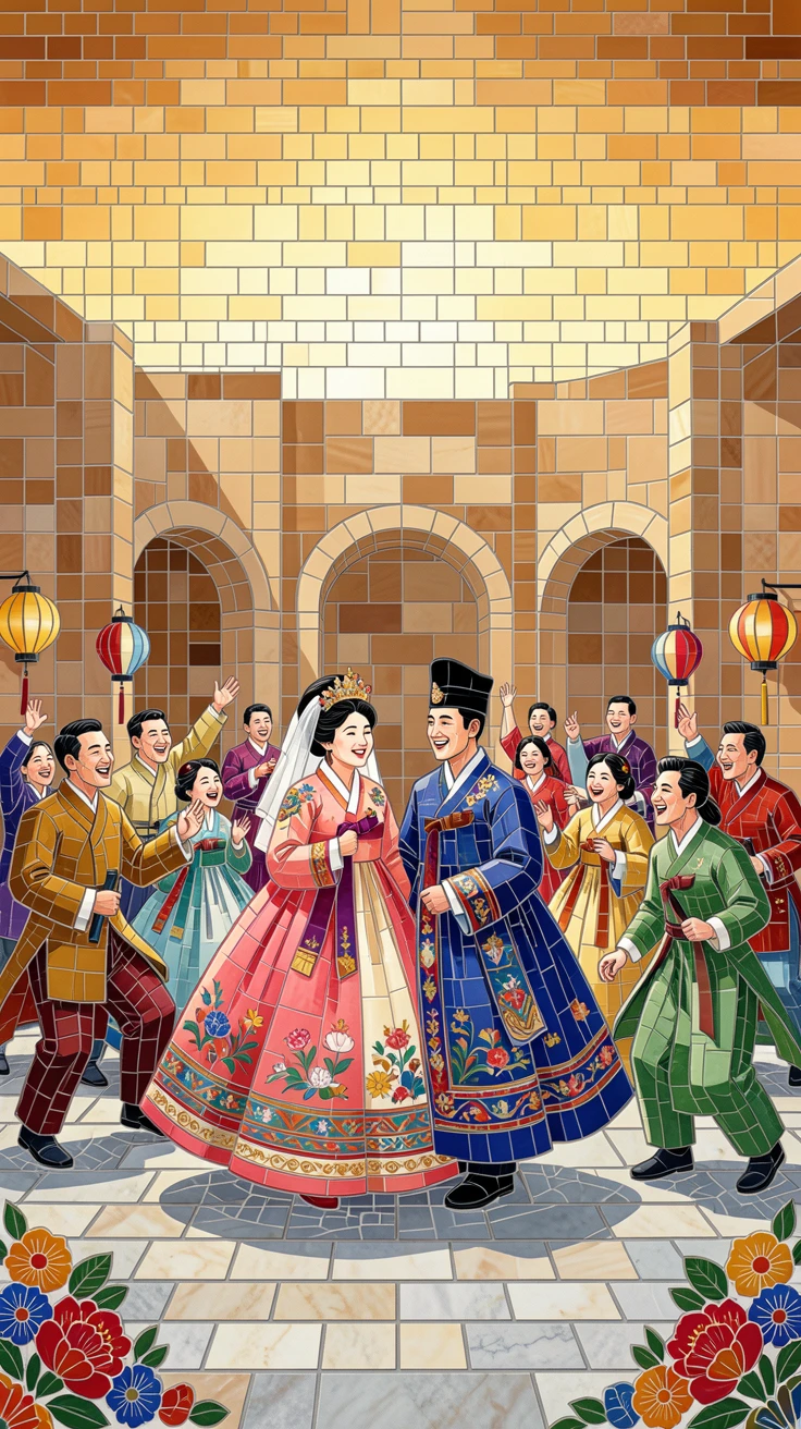 A traditional korean hanbok wedding ceremony in a palace courtyard, filled with warm light, motion, and joyful energy.