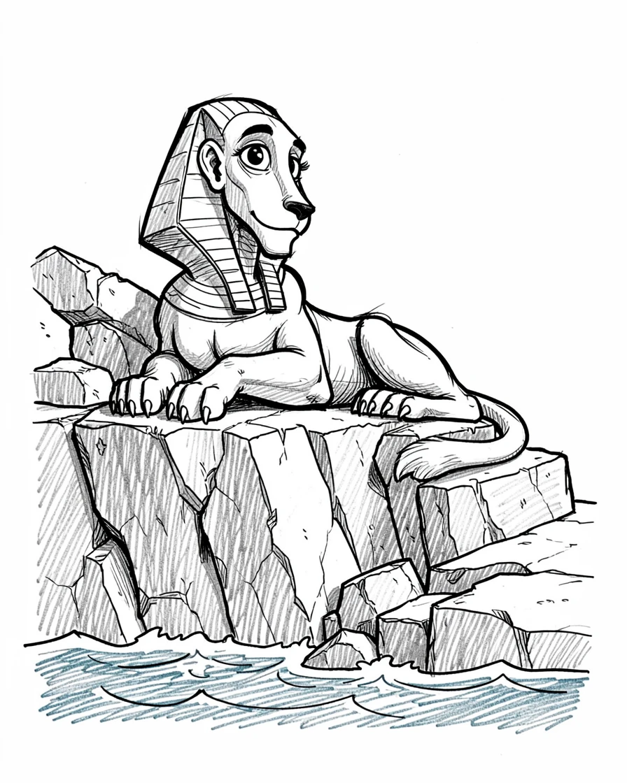 A sphinx resting beside ancient pyramid stones on a cliffside overlooking the sea.