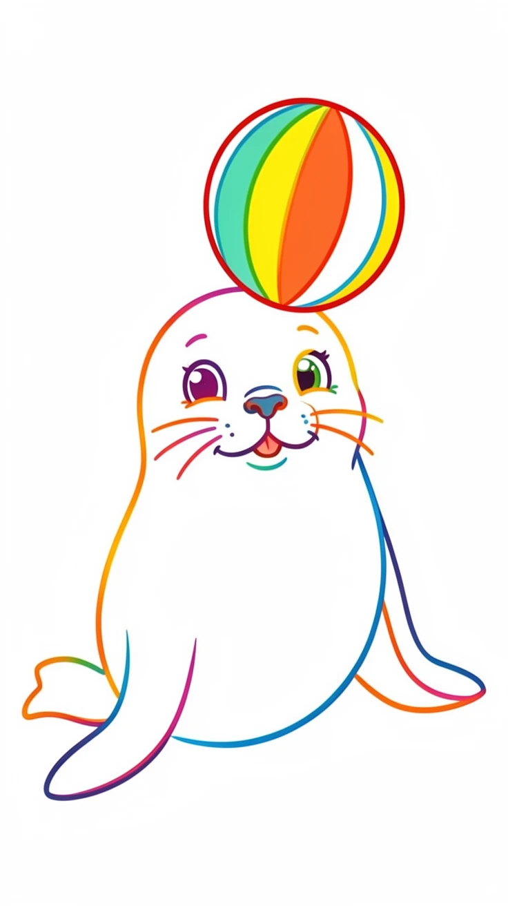 A round baby seal character balancing a striped ball on its nose.