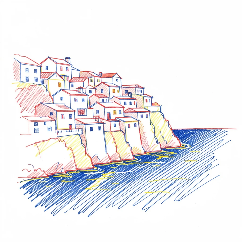 A grand cliffside village with whitewashed buildings overlooking a deep blue sea