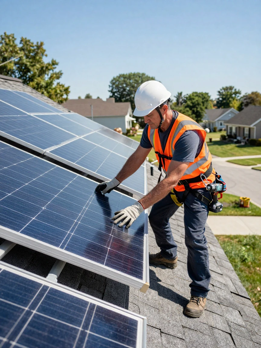 A solar panel technician installing panels on a rooftop