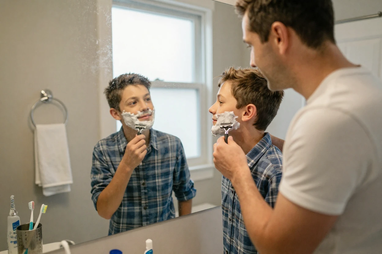 A father teaches his son how to shave for the first time in a steamy bathroom mirror.