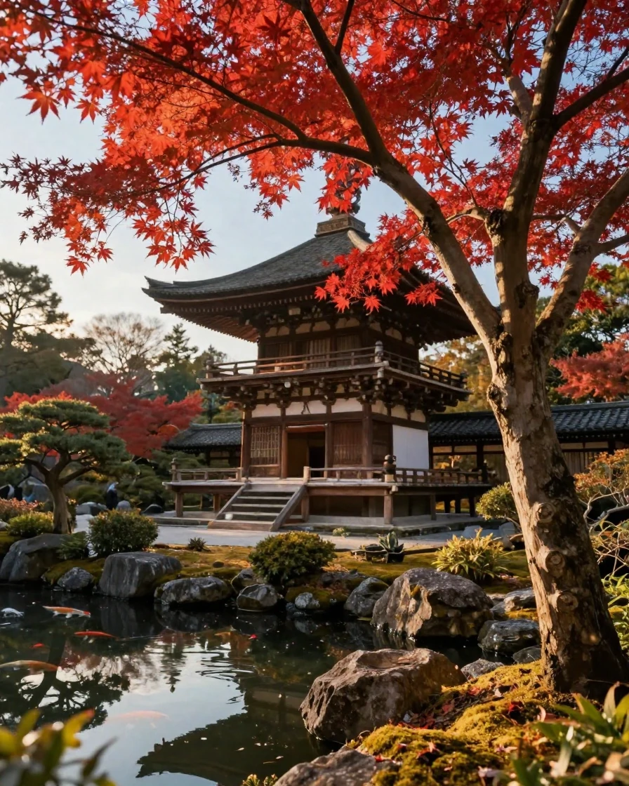 A single red maple tree framing a traditional pagoda in a Japanese garden