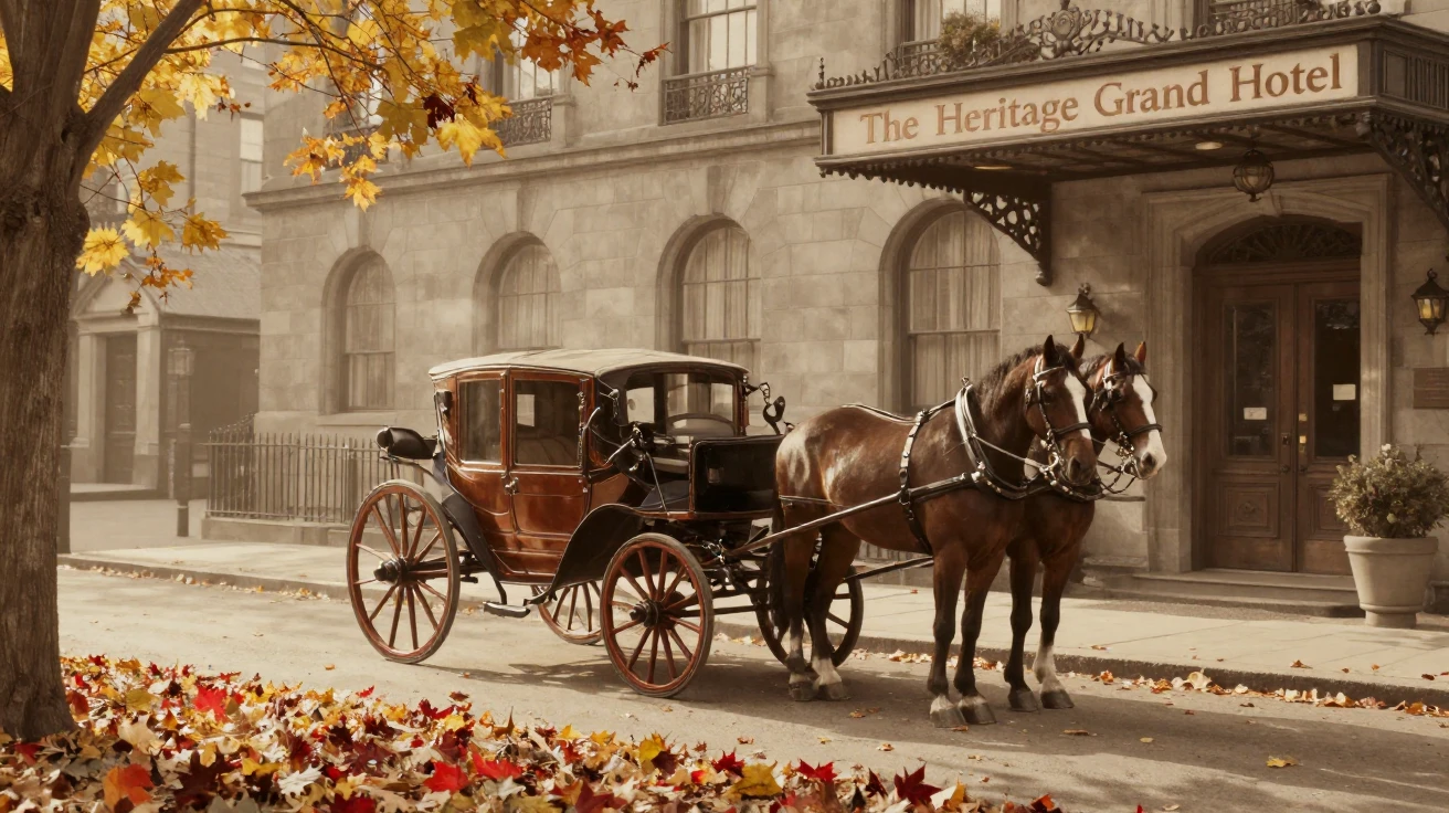 An antique horse-drawn carriage waiting outside a grand old hotel, in warm morning light, as heat shimmers over the ground, as autumn leaves turn gold and red, with a soft sepia-tinted glow, from a three-quarter angle.
