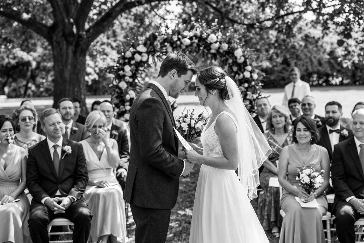 A newly engaged couple exchange vows before family and friends at an outdoor wedding reception.
