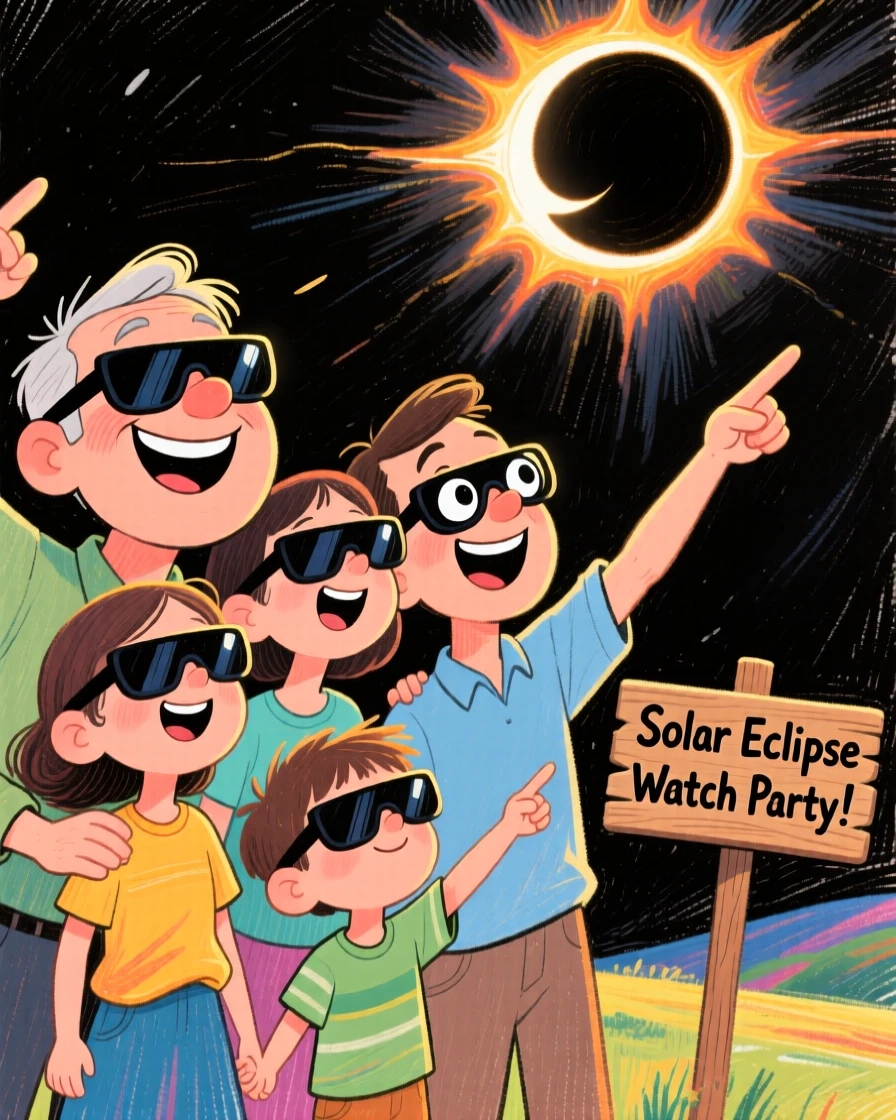 A family gathered to watch a solar eclipse together, wearing protective glasses.