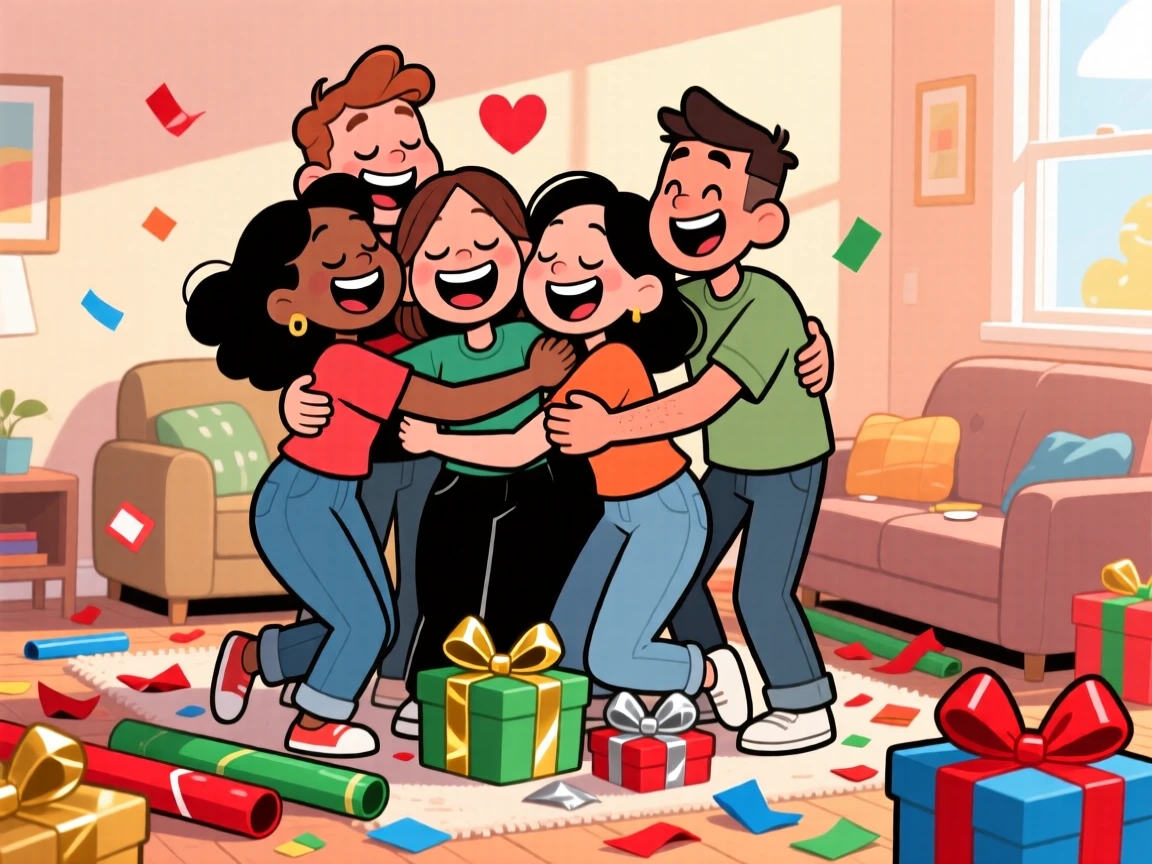 A heartwarming scene of roommates turned best friends sharing a huge group hug and laughing together, surrounded by scattered wrapping paper and bows.