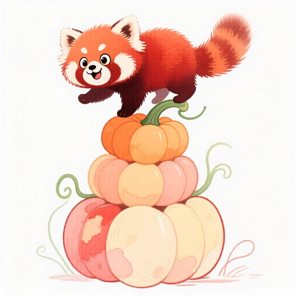 A red panda balancing on a stack of pumpkins