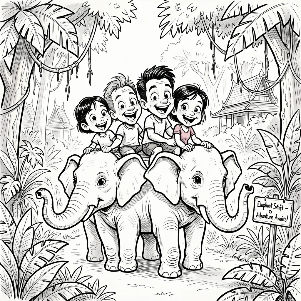 [Travel & Cultural Experiences] Vivid travel scene of a family riding elephants through a lush jungle in Thailand, full of wonder and adventure