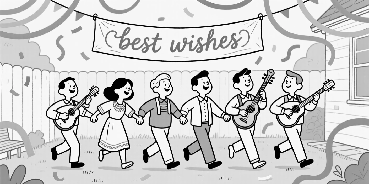 Musicians playing traditional instruments in a town square, linking arms and stepping in perfect unison, set in a backyard strung with bright party streamers. A hand-painted banner reads best wishes in flowing script. There's a deep sense of belonging and festivity in the air.
