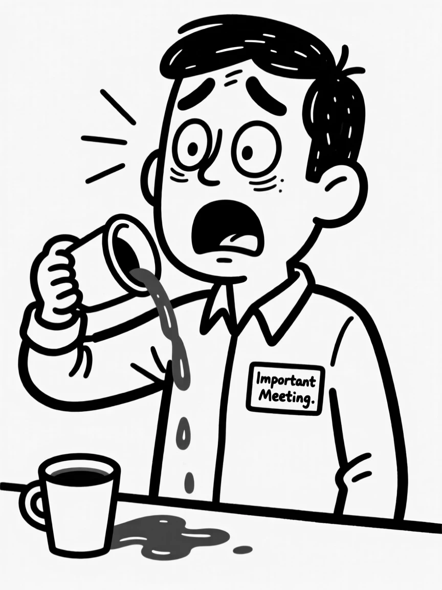 Someone spilling coffee on their shirt right before an important meeting, comically panicked.