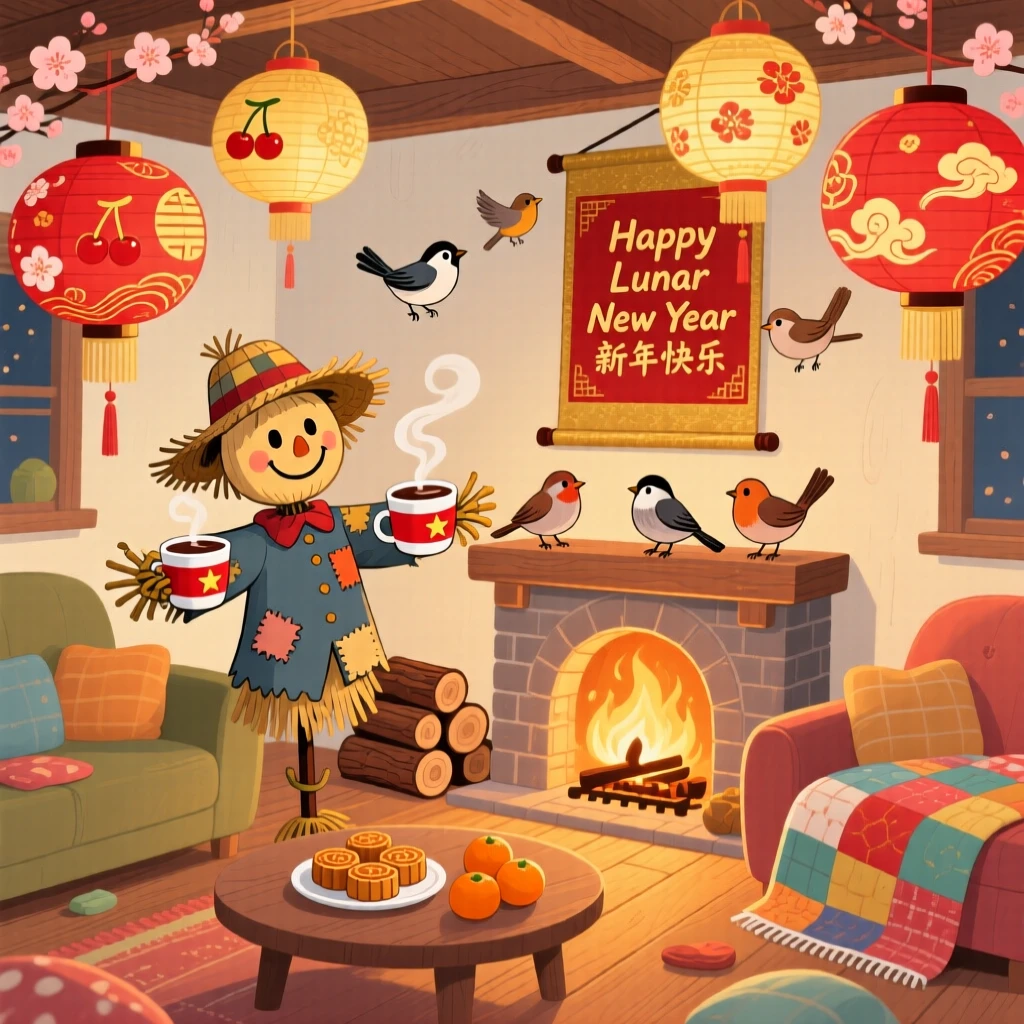 A scarecrow and a flock of birds gather in a cozy living room by the fire, hanging paper lanterns for a Lunar New Year celebration, while warm cocoa steams in every hand.