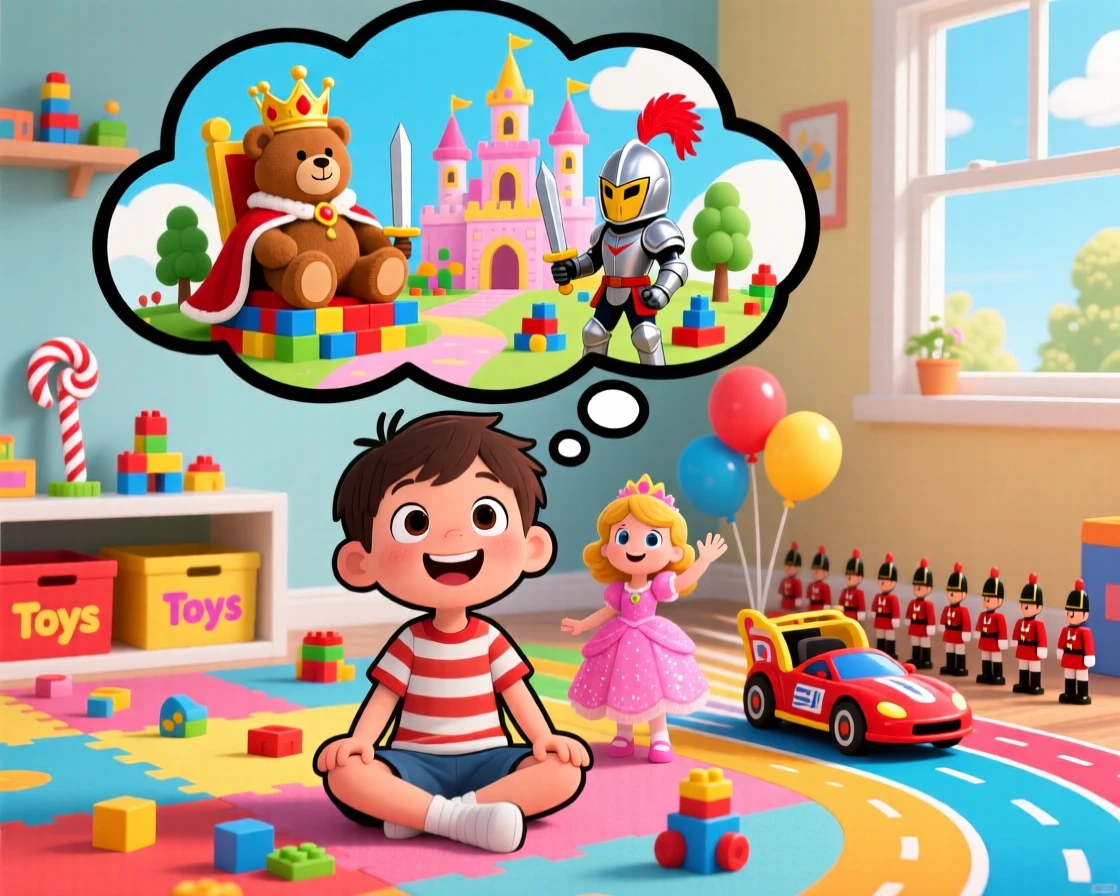 A kid imagining a world where their toys have their own kingdom.