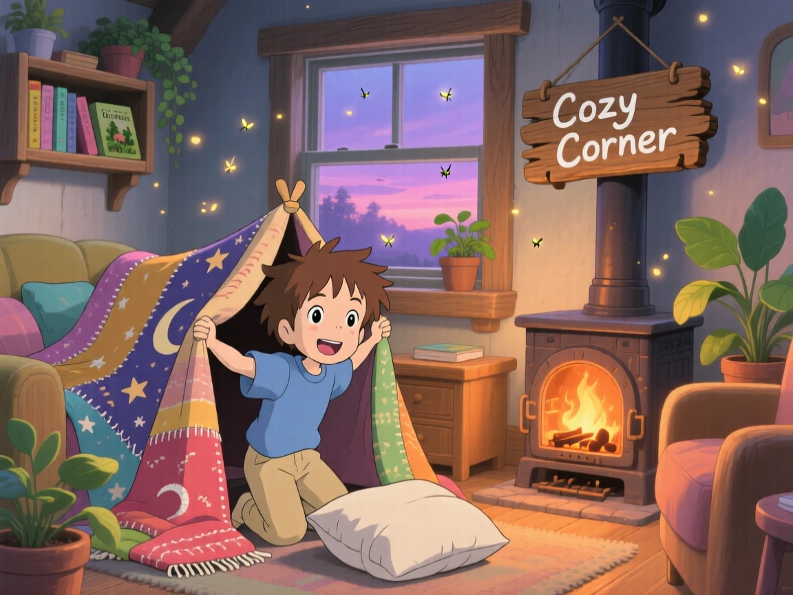 A boy building a blanket fort in the living room, a woodstove crackling quietly in the corner, the whole scene feeling warm and comforting.
