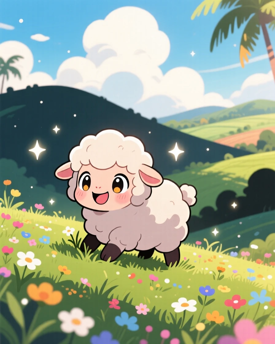 A fluffy sheep grazing on a green hillside beneath fluffy clouds in a pastoral countryside on a warm tropical afternoon; sparkling starlight washes over the scene as delighted joy fills the moment. Silhouette composition.