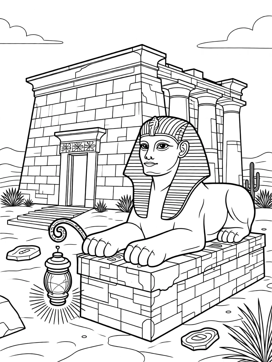 A sphinx guarding an ancient desert temple, with an old lantern casting flickering light nearby.