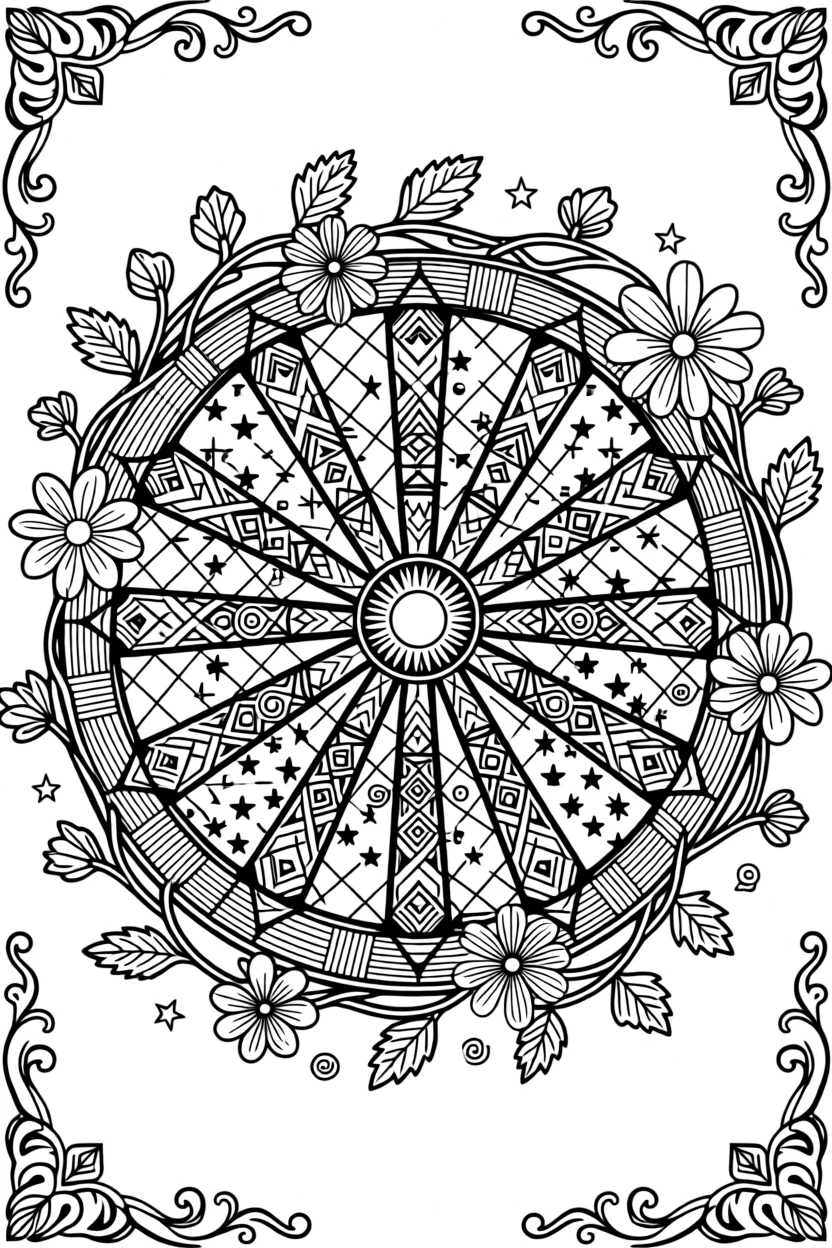 A mandala shaped like a wagon wheel wrapped in wildflower vines.