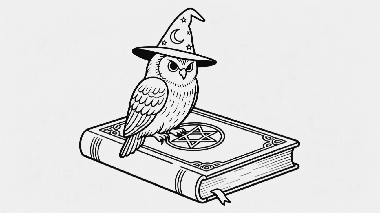 A wise old owl wearing a wizard's hat perched on a spellbook