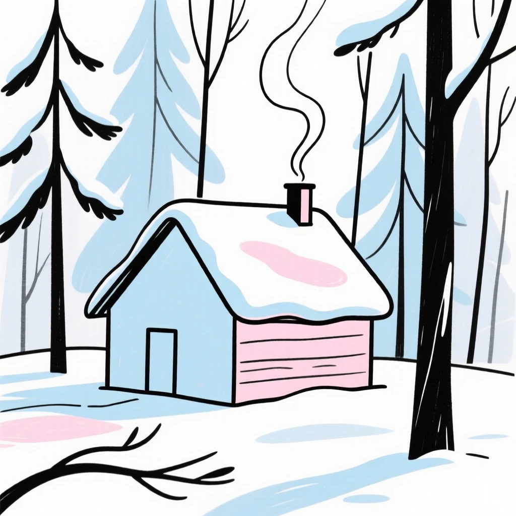 A snow-covered cabin in the woods