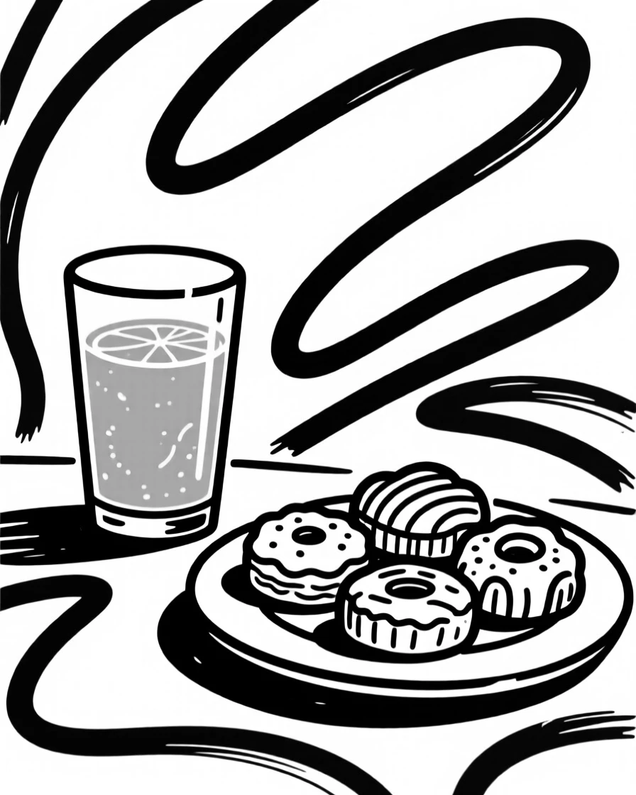 A glass of freshly squeezed orange juice beside a plate of pastries.