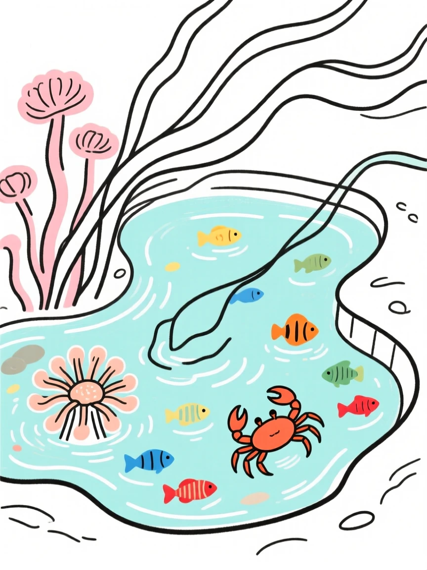 A tide pool filled with anemones, crabs, and small colorful fish.
