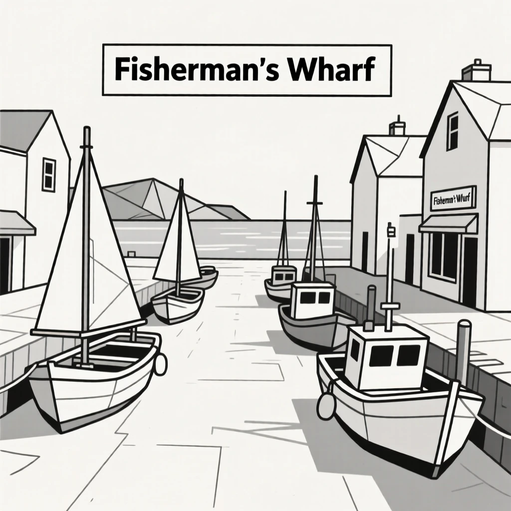 A quiet coastal town street lined with fishing boats