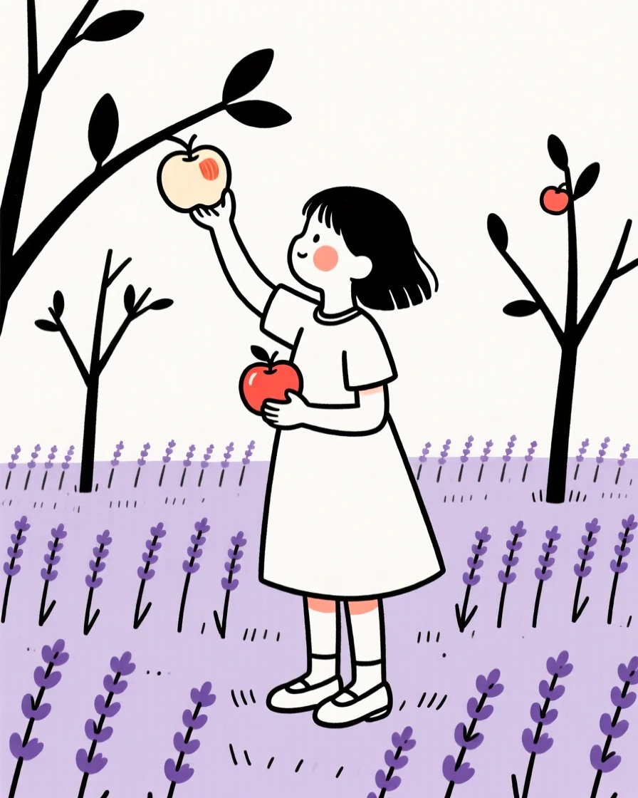 A young girl picking apples in an orchard, in a lavender field.
