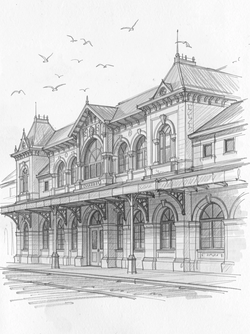 A stunning view of a grand Victorian train station at golden hour, with birds circling overhead.