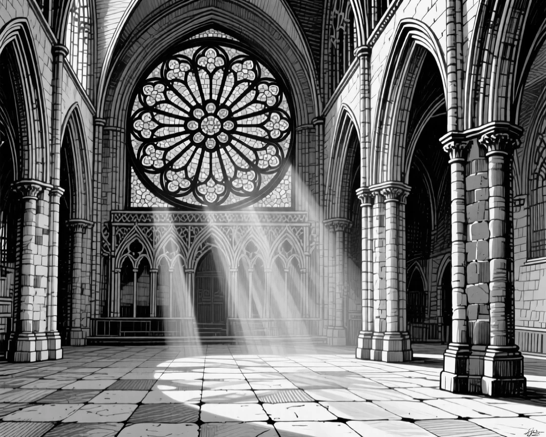 A grand cathedral rose window casting colorful light across stone floors.