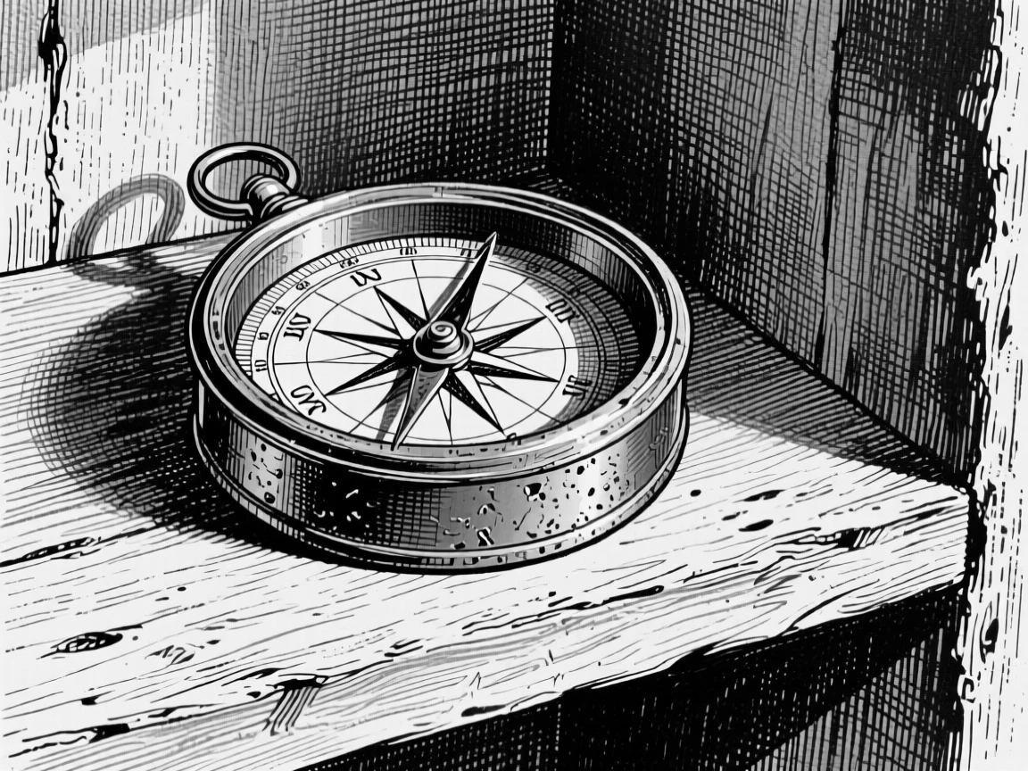 An old brass compass displayed on an open shelf, with fine scratches telling of years of use, forming a richly textured still-life study.