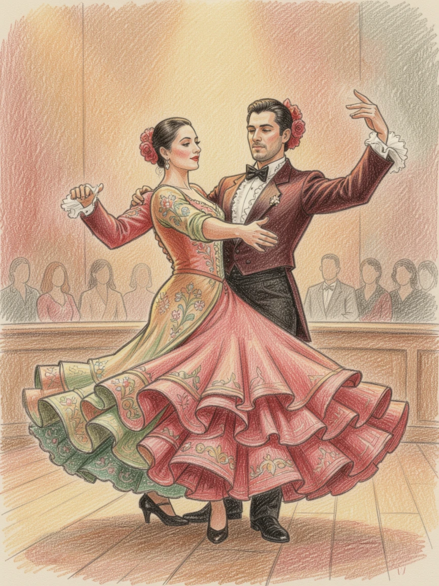Flamenco dancers captured mid-motion under warm stage lighting, filled with rich, authentic historical and cultural detail, celebrating the beauty and richness of world history.