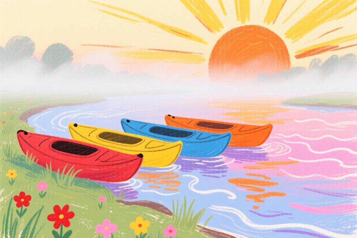 A row of kayaks lined up on a misty riverbank at sunrise.