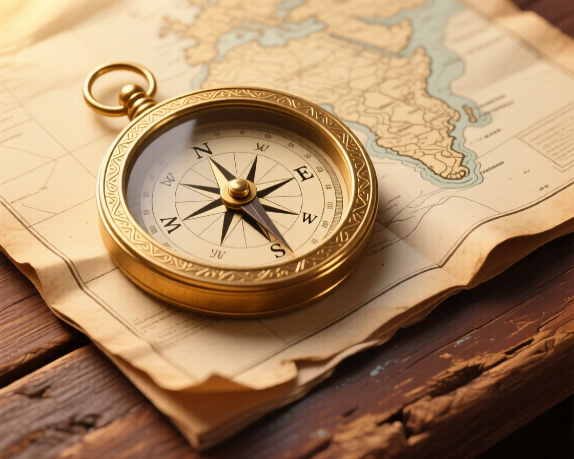 A vintage brass compass resting on an old folded map, resting on a weathered wooden surface, arranged in a carefully styled flat lay, with soft golden light highlighting fine craftsmanship.