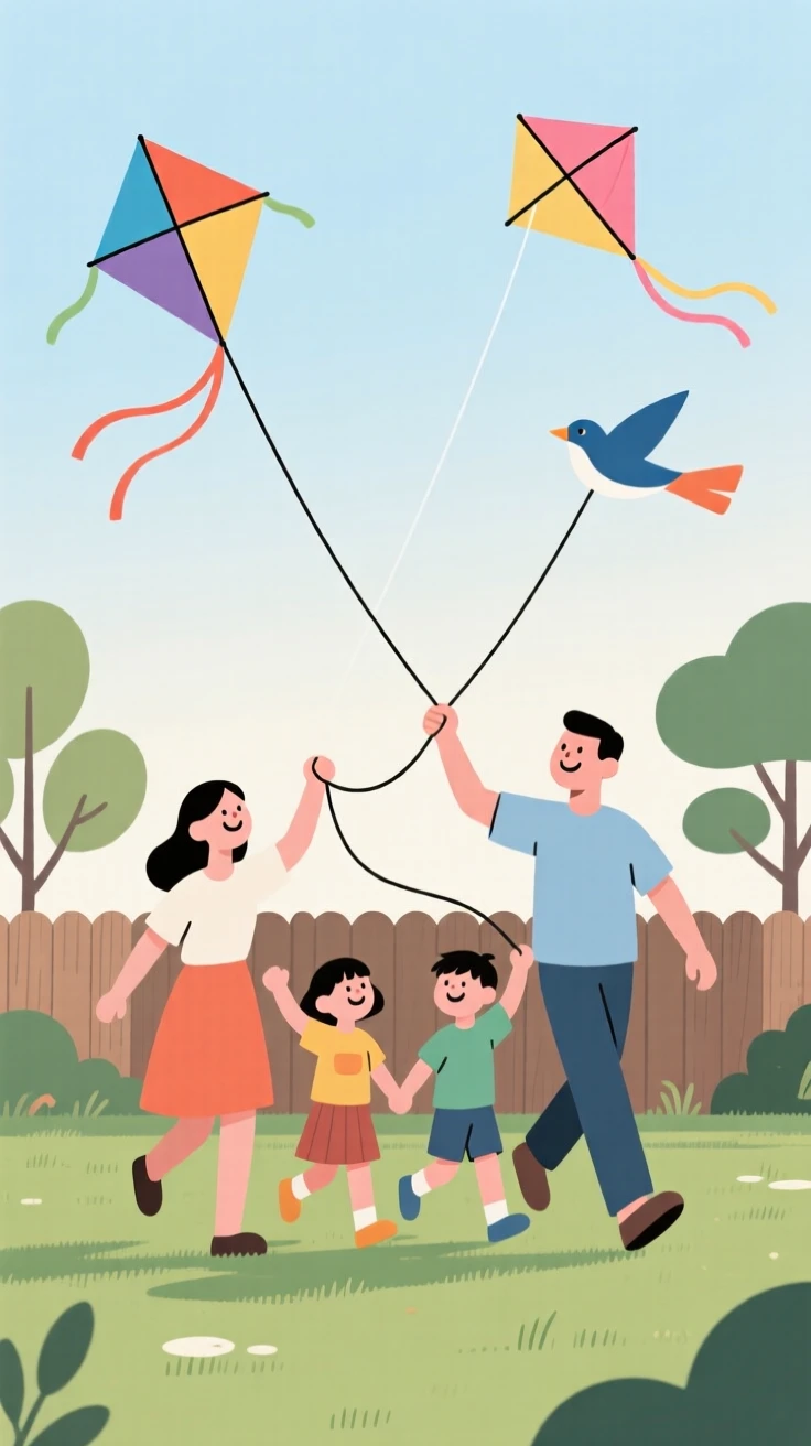 A family flying kites together in their backyard.