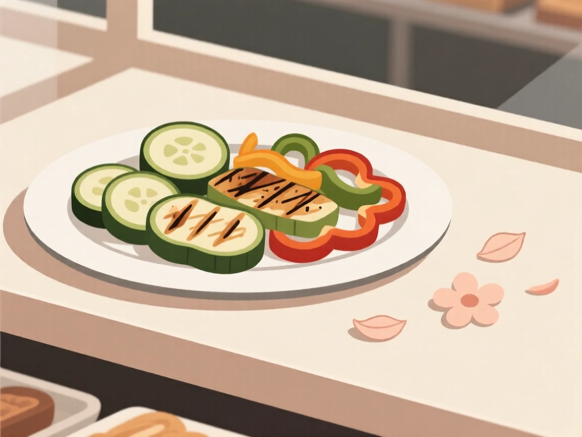 A close-up of platter of grilled vegetables arranged beside scattered flower petals in a bakery display counter, full of cozy indulgence.