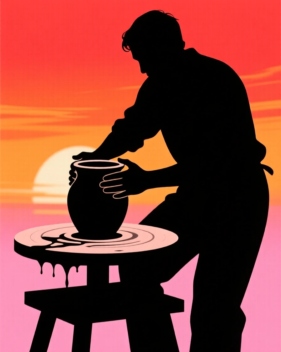 A potter shaping wet clay on a spinning wheel, hands cupped around the form.