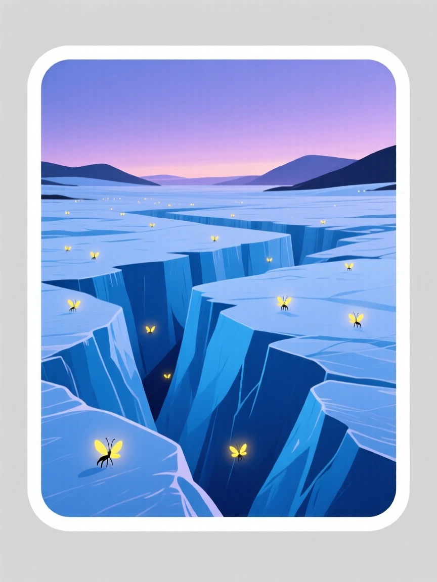 A dreamlike glacier field with icy blue crevices, with fireflies glowing softly in the dusk, far from any city lights.