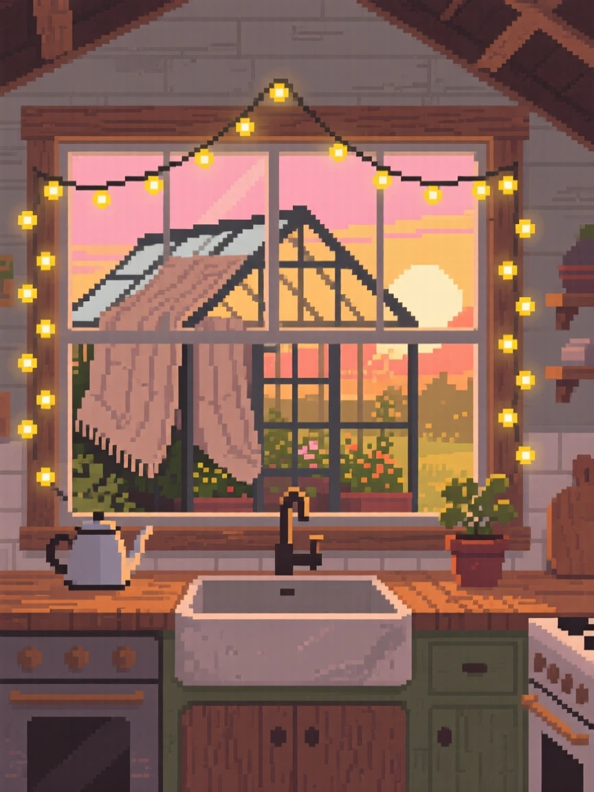 A garden greenhouse covered in blankets and fairy lights, in a farmhouse kitchen at sunrise.