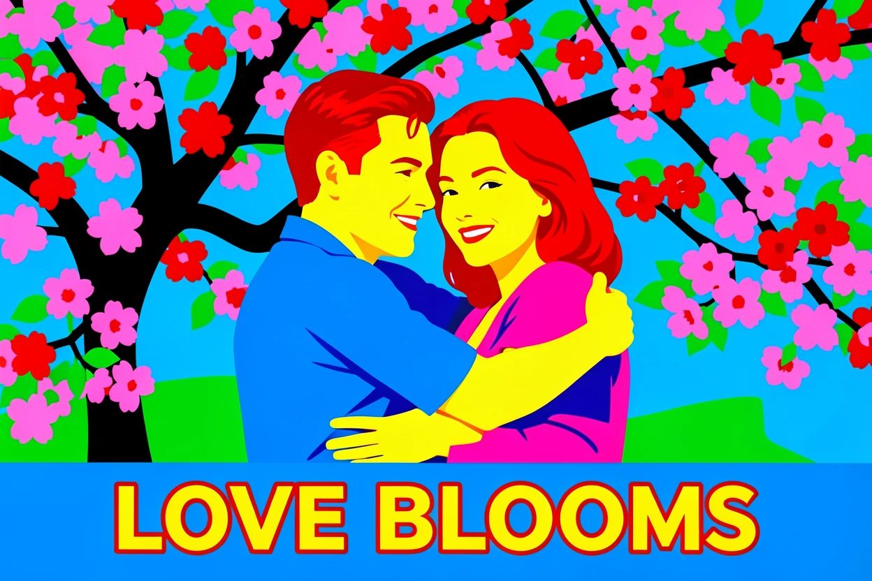 Couple embracing under a blooming cherry tree