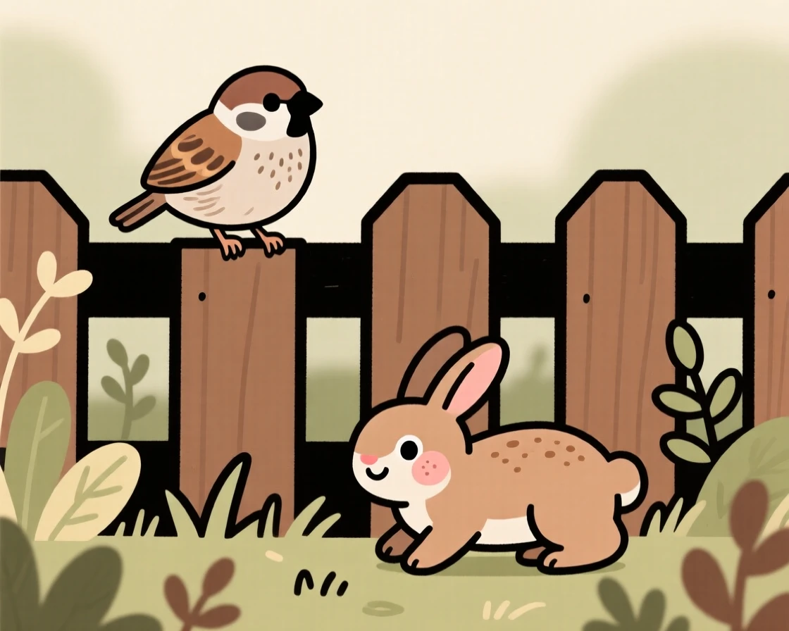 A sparrow perches on a garden fence, fluffing its wings while a rabbit moves quietly through the underbrush below.