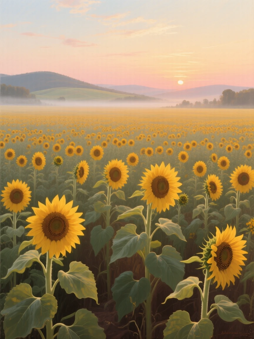 An expansive vista of a sunflower field stretching toward distant hills, just after sunrise, in bright warm sunshine.