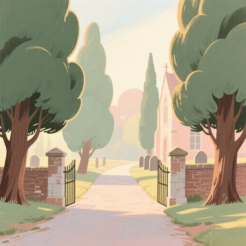 A quiet churchyard lane bordered by ancient yew trees