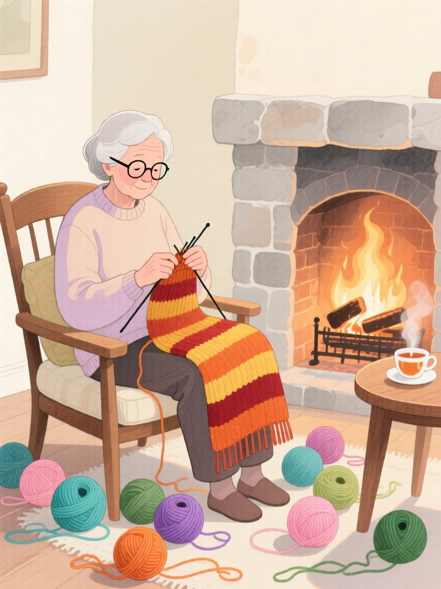 A knitter sits by a fireplace surrounded by balls of colorful yarn and a half-finished scarf