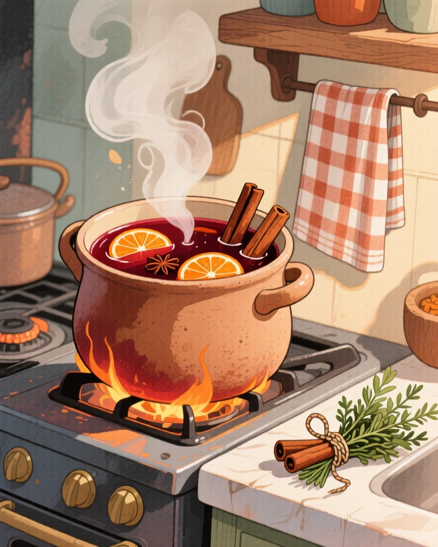 A pot of mulled wine simmering with cinnamon sticks and orange slices, filled with the warmth of a home-cooked welcome.
