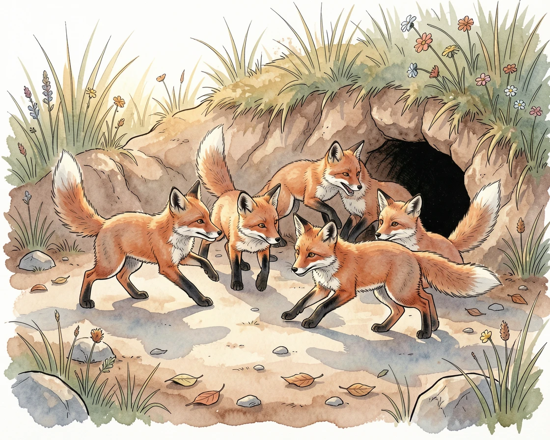 A litter of fox kits tumbling and playing outside their den, soft shadows stretching long across the ground.