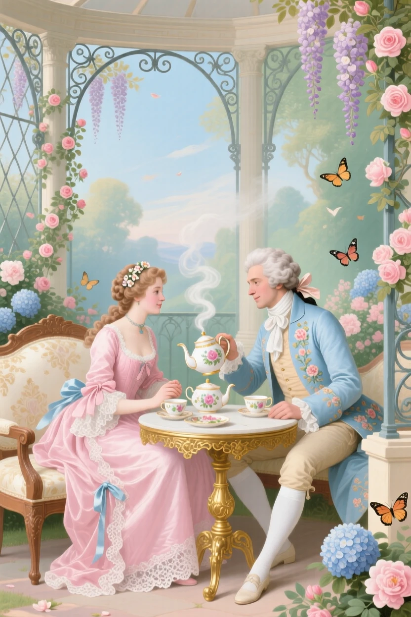 A young couple sharing tea in a secluded garden pavilion  