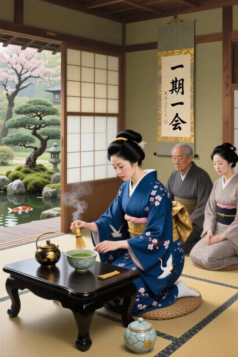 A traditional Japanese tea ceremony performed in a quiet garden pavilion, with intricate cultural details woven throughout the composition, bringing a vivid, immersive moment of history to life