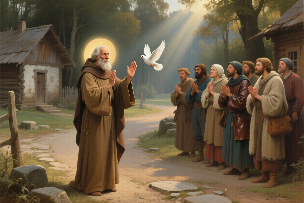 A wandering teacher blessing travelers at a rural crossroads as ancient wisdom passes gently to the next generation, set within a humble village at the edge of a quiet forest, with a single dove or beam of light marking the sacred moment; the composition places the central figure within a halo of natural light, suggesting the enduring comfort of belief and community.