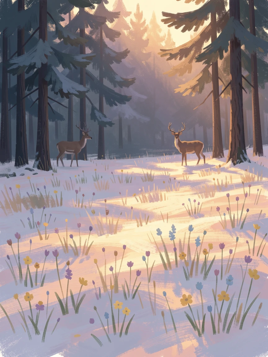 A wildflower meadow at the edge of a dark pine forest, a deer pausing at the treeline in the golden hour light, under a fresh blanket of snow, radiating serenity and gentle stillness.