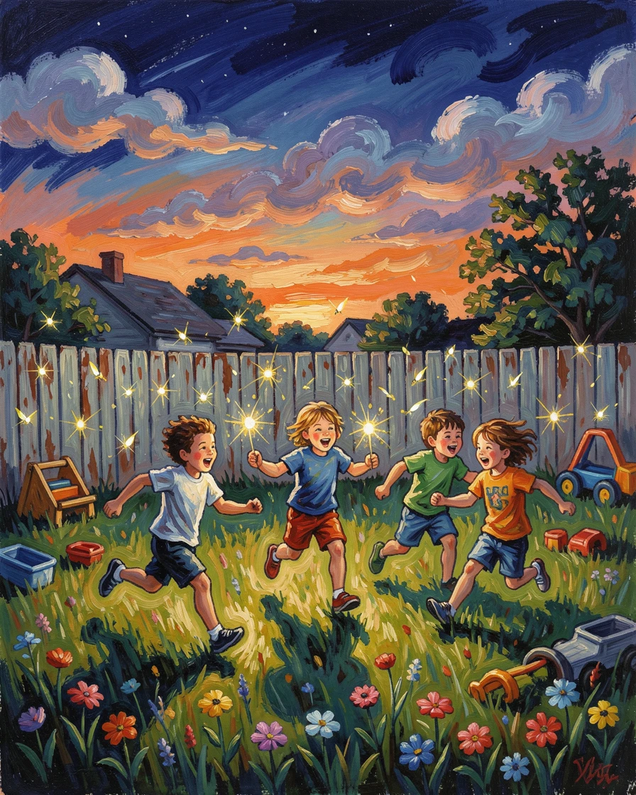 Children chasing fireflies in a backyard as the evening sky deepens into indigo.